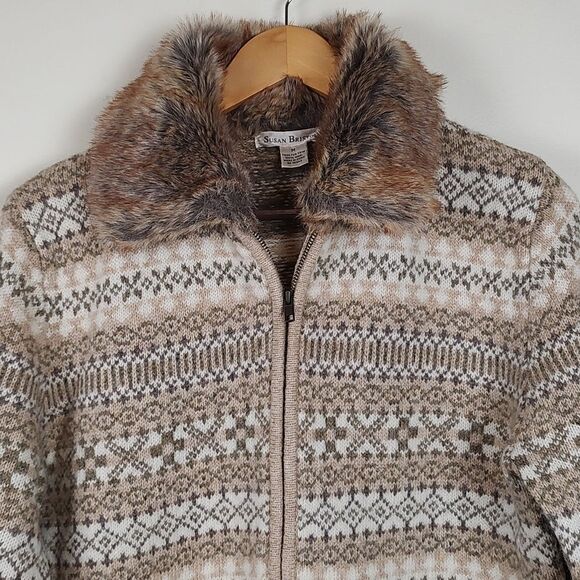 Susan Bristol Fair Isle Full Zip Faux Fur Collar Sweater Jacket Wool Size M - Picture 5 of 10